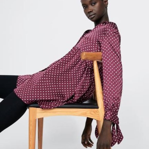 Zara Satin Burgundy Red Polka Dot Button Down Long Sleeve Tunic Top - Picture 4 of 7